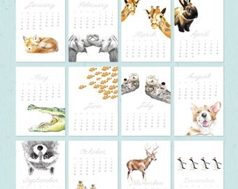 2018 Calendar - Animal Calendar - Desk Calendar - 5x7 - 8x10 - Nursery Arts - Gift for Kid, Coworkers - New Year Gift
