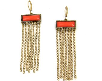 Gold Chain Fringe Earrings, Burnt Orange Rust Bar Earrings, Long Chain Earrings |EC1-31