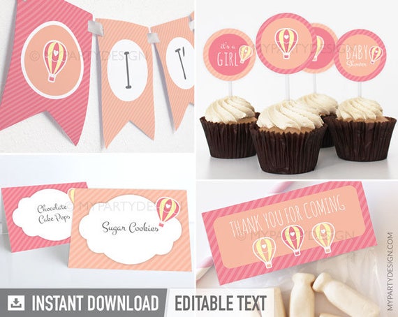 Hot Air Balloon Girl Baby Shower - Party Pack - Pink Peach - INSTANT DOWNLOAD - Printable PDF with Editable Text Il_570xn