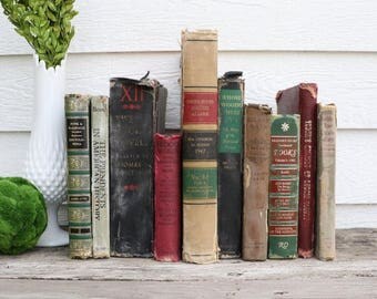 Set of 10 Vintage Books - Antique Book Decor - Photo Props -Wedding Decor- Black, Brown, Green, Red - Rustic Books - French Country - Old