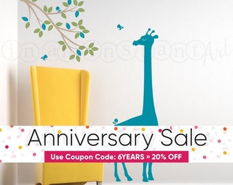Safari Jungle Decal, Giraffe Wall Decal with Branch and Birds, Branch Wall Decal with Giraffe for Nursery, Kids or Childrens Room 041