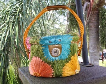 60s Retro STRAW RAFFIA PURSE Tote Handbag Sewing Bag Flowers Tiki Aloha Mid Century Tourist Hawaii Pin Up Rockabilly Basket Woven Unique