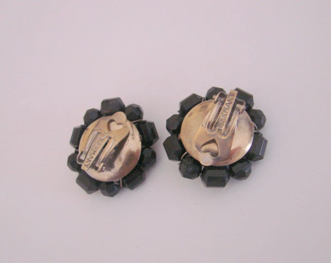 1940s Germany Black Faceted Lucite Bead Cluster Earrings / Clips / Vintage Jewelry / Jewellery