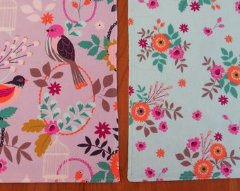 Reversible Bird and Flower Cloth Placemats in Lavender, Fucshia, Magenta, Blue, Peach, Green, Bird Placemats, Blue Table Mats, Felicity