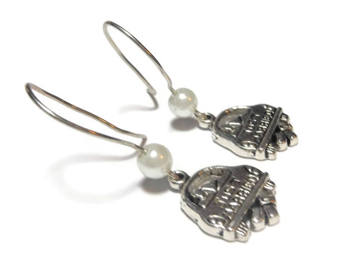 FREE SHIPPING Just married car earrings, handmade wedding, topped with white glass pearl, french hook pierced silver tone, bride brides