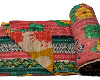 Vintage Kantha Quilt Gudri Reversible Throw Ralli Bedspread Bedding India OG1044