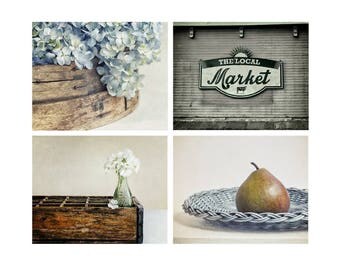 Farmhouse Kitchen Decor, Rustic Country Photography, Pale Blue, Teal Wall Art, Set of 4 Prints - SAVE 20%