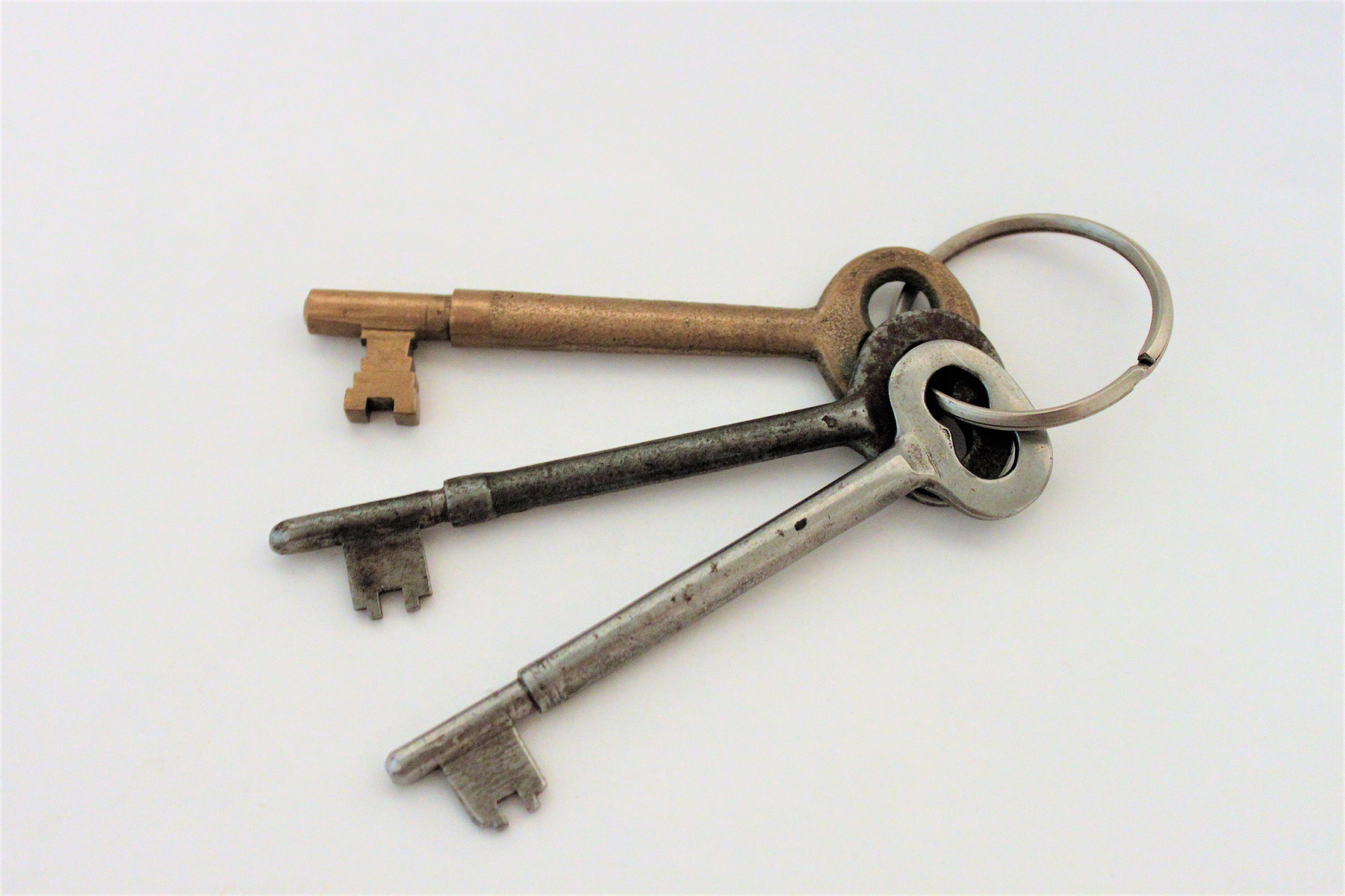 Set of Three Antique 1900s Coach and Caboose Railroad Car Keys, Brass