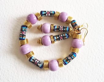 Parure Ethnique - Douce Afrique - Bracelet et Boucles d'Oreilles - Perles Céramique, Métal doré - Bijoux créateur, fait-main, pièce unique