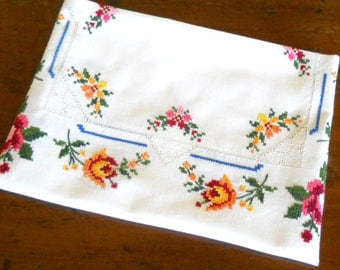 vintage embroidered tablecloth vintage white tablecloth floral tablecloth cross stitch tablecloth gift for her