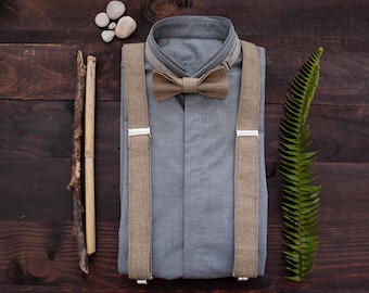 Wedding suspenders set, Linen suspenders and bow tie, Light brown suspenders set, set of linen braces and bowtie, Linen suspenders set