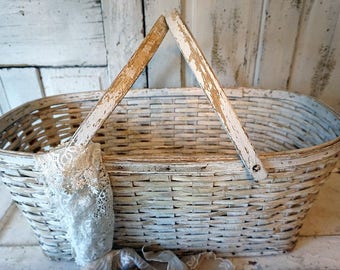 Rustic distressed white basket large shabby cottage chic chippy painted oval wood bottom handles French farmhouse decor anita spero design