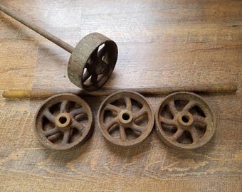 4 Factory Cart Wheels & Axels Vintage Industrial Cast Iron 4 Wheels and 2 axels