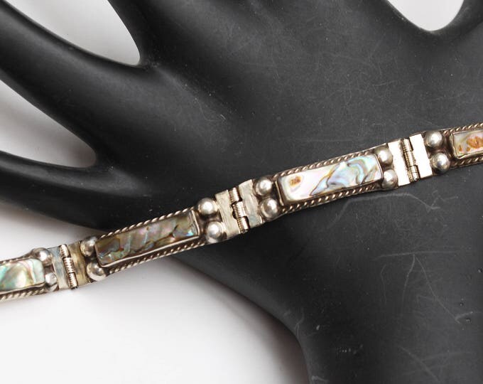 Small Sterling Abalone Bracelet - Shell inlay - Small Silver link braelet 6 1/2 inches long