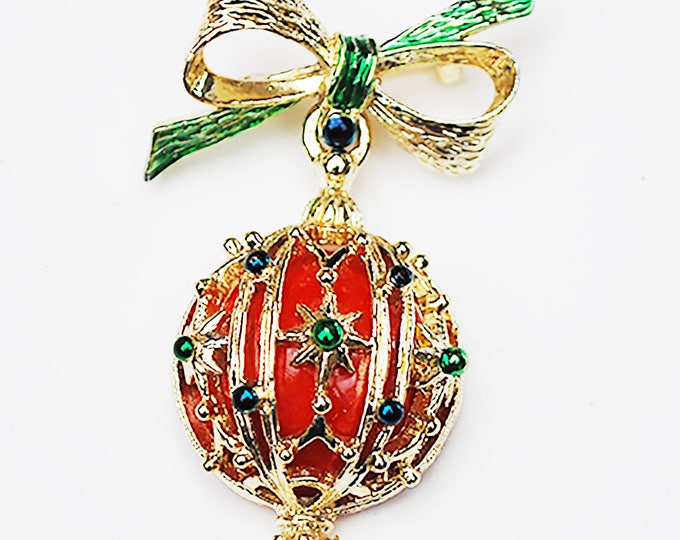 Christmas Ornament Brooch - Holiday pin - Red ball - Gold bow dangle pin