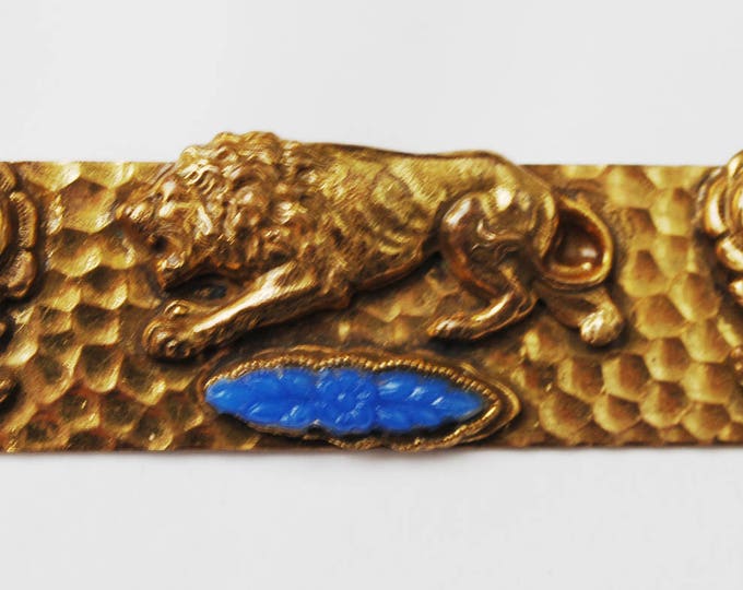 Gold Lion Bar Brooch - Blue rhinestone - Flower art glass - C clasp - Vintage Artisan pin - Art Nouveau
