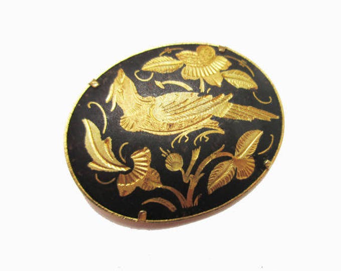 Damascene Bird Brooch - Gold and Black enamel Birds foral pin