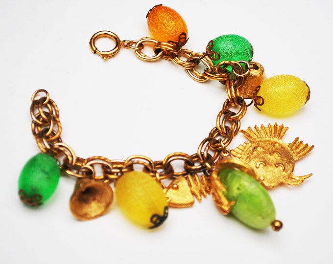 Cha cha Bracelet - colorful Tutti Frutti - gold fish -yellow orange green lucite - plastic - gold bell - dangle Bangle