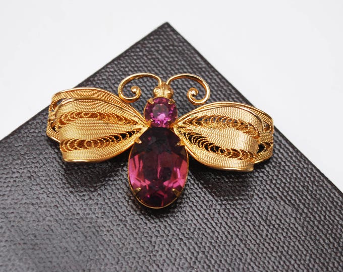 Butterfly Rhinestone BRooch _ Signed Napier _ Purple crystal - Ornate gold wire - Bug pin