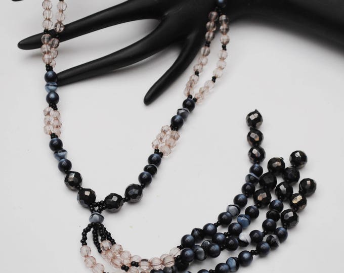 Hobe Lucite Bead Necklace - Tassel - black marble glass - clear Plactic beads- Art Deco style