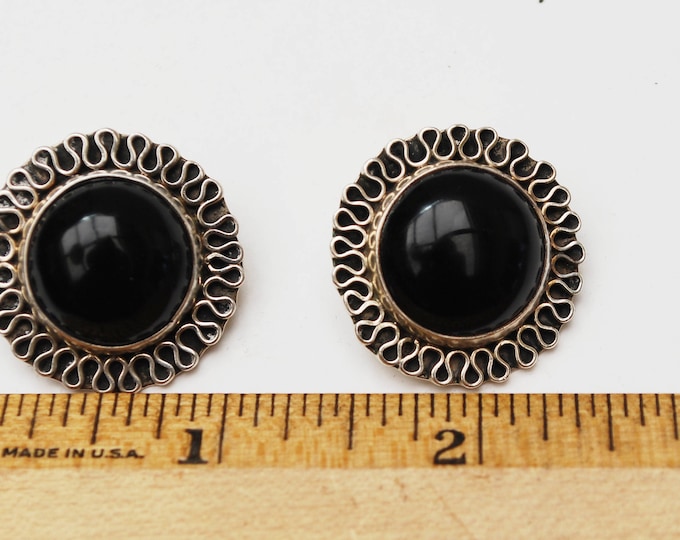 Sterling Silver round Earrings - Round Silver Domed black onyx - twisted wire trim - clip on earrings -Signed Mexico