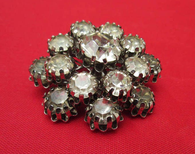 Atomic Rhinestone Brooch - Clear Ice crystal -domed layered - Mid century pin