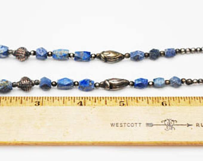 Sodalite Silver bead necklace - blue white gemstone - silver brass copper beads - Boho India style 19 inches