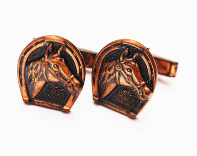 Horse cuff links - Copper Horse shoe and horse head - signed Pat Pend - vintage cufflinks