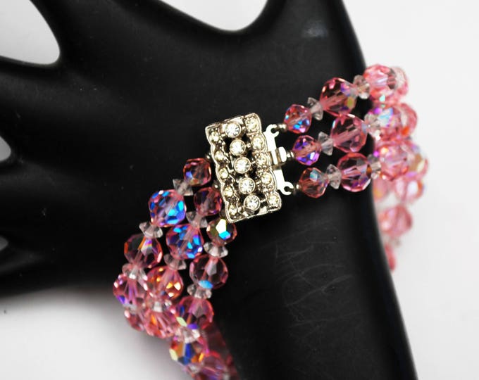 Pink Crystal Bead Bracelet - Multi strand - Clear Rhinestone Clasp - Vintage facet cut glass Beads