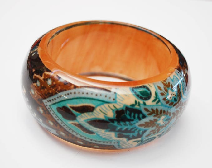 Chunky Lucite Bangle - Brown orange Turquoise - Wide Boho abstract leaf - Vintage Plastic - Bracelet