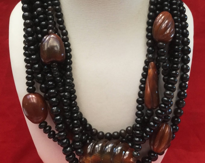 Chunky Boho Bead torsade Necklace - multi strand - Gerda Lynggaard Monies Style - Black Brown marble Resin Beads - Statement neckace