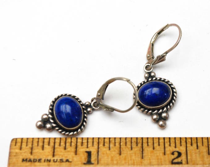 Sterling Lapis earrings - Signed QT - dangle blue gemstone - southwestern pierced earring