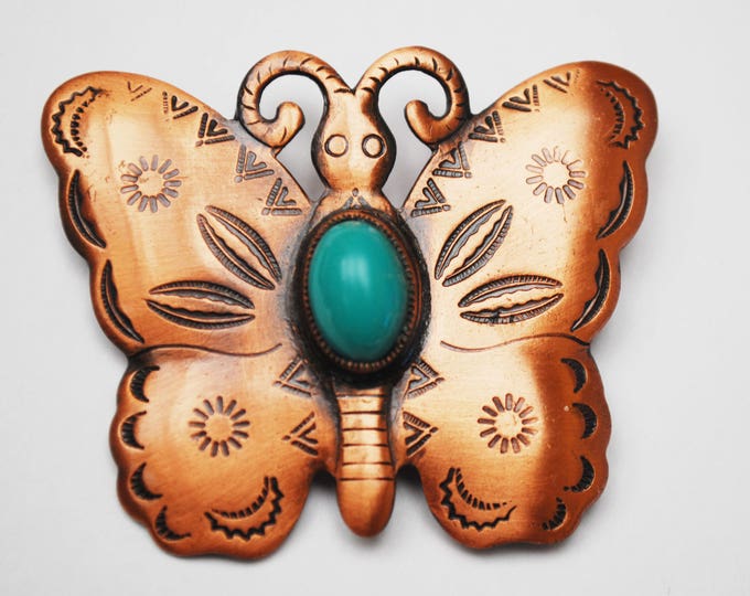 Copper Butterfly brooch- Signed Solid Copper -Turquoise cabochon - Insect figurine pin