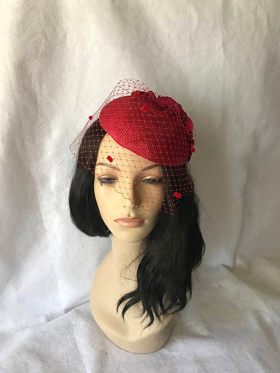 Red wedding hat with veil poppy red fascinator wedding