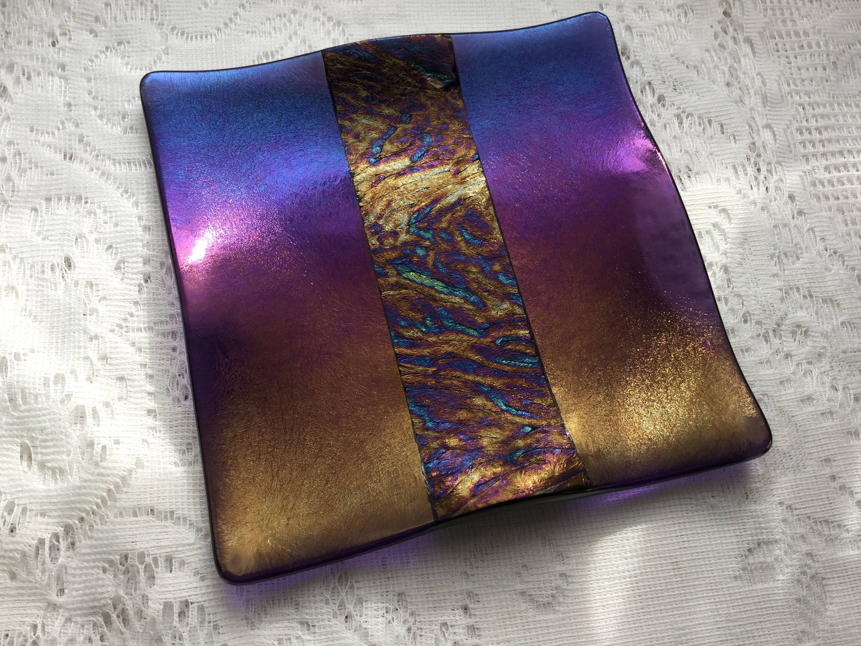 Fused Glass Plate Purple Iridescent Art Glass Dish