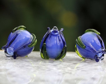 Royal blue handmade lampwork bell 16mm, Lampwork Beads, floral sra