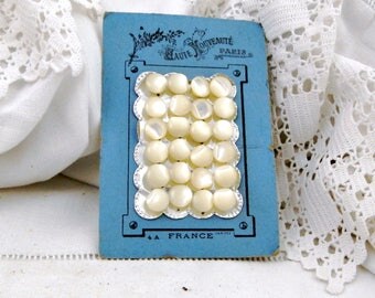 24 French Antique Unused Mother of Pearl / Nacre Glove / Bodice / Shank Buttons on Original Card from Paris, Vintage Haberdashery France