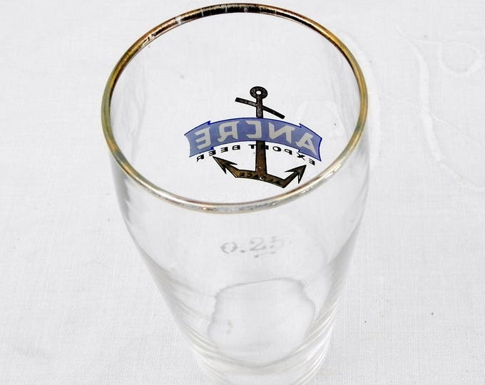 2 Vintage French Beer Glasses "Ancre Export Beer" From Alsace in Eastern France, Pair of 0.25 cl Glasses with Gold Rim and Anchor Motif