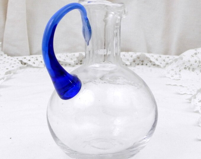 Small Vintage Blown Glass Handmade Vase / Jug with Blue Handle, Glass Oil Bottle, French Vintage Table Decor, Retro Home Interior Small Vintage Blown Glass Handmade Vase / Jug with Blue Handle, Glass Oil Bottle, French Vintage Table Decor, Retro Home Interior