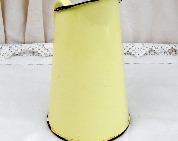 Antique French Buttercup Yellow Enamel Pitcher, Chippy Cottage Kitchen Enamelware Jug, French Country Chateau Shabby Chic, Vintage Decor