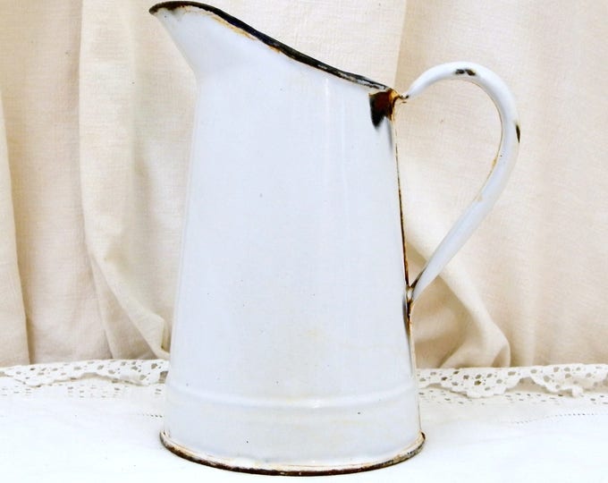 Small Antique French White Enamelware Pitcher, Chippy Enamel Jug / Vase, Cottage Farmhouse Kitchen, French Country Rustic Chic Retro Decor Small Antique French White Enamelware Pitcher, Chippy Enamel Jug / Vase, Cottage Farmhouse Kitchen, French Country Rustic Chic Retro Decor