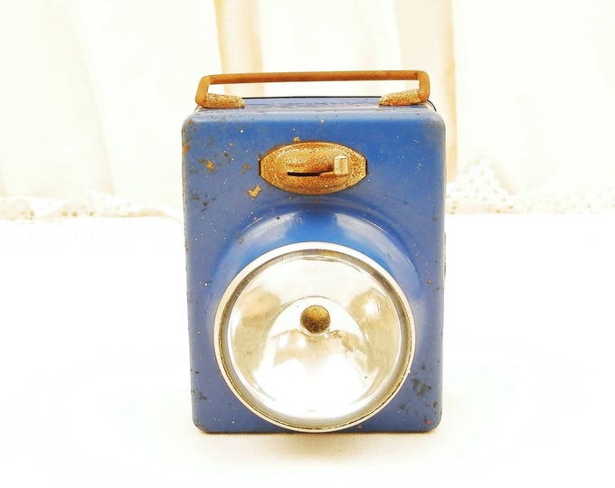 Vintage Mid Century Blue Metal Flashlight with Domed Glass Lens, Retro 1950s French Cube Shaped Battery Powered Torch, Upcycle Wall Light