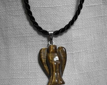 ON SALE Carved Golden Tiger's Eye Mini Angel Pendant Necklace - Gemstone Crystal - Reiki Chakra Wicca - Protection Balance Creativity
