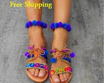 25% Off Greek Sandals ''Forget-me-not'' | Ankle Strap Boho Sandals | Pom Pom Sandals | Bohemian Shoes