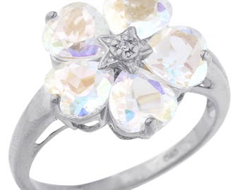 5 Hearts Natural Mercury Mist Mystic Topaz & Diamond Heart Flower Design Ring .925 Sterling Silver