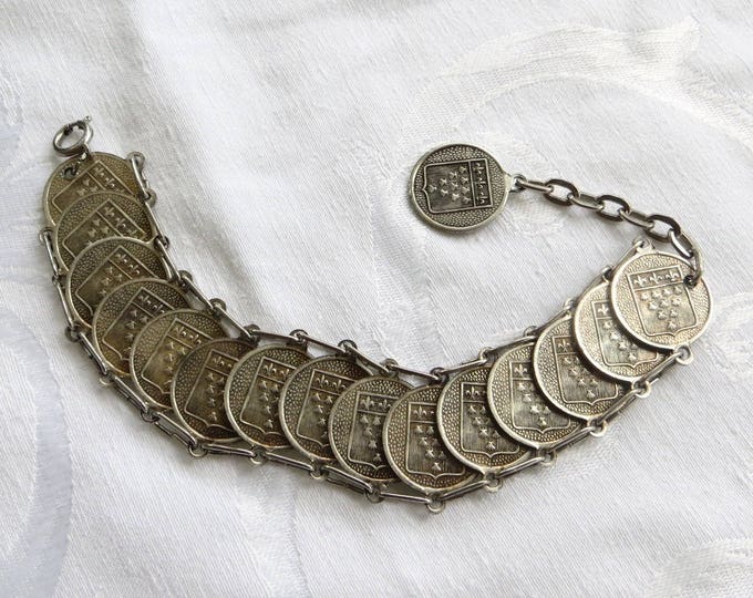 Mont Saint Michel Souvenir Bracelet, Fleur Di Lis Coins, Vintage French Souvenir Jewelry