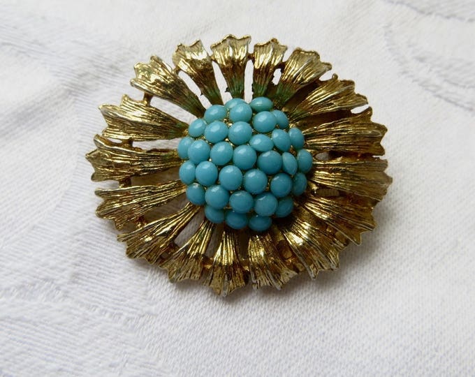 Vintage Floral Brooch, Turquoise Cabochons, Goldtone Petals, Vintage Jewelry
