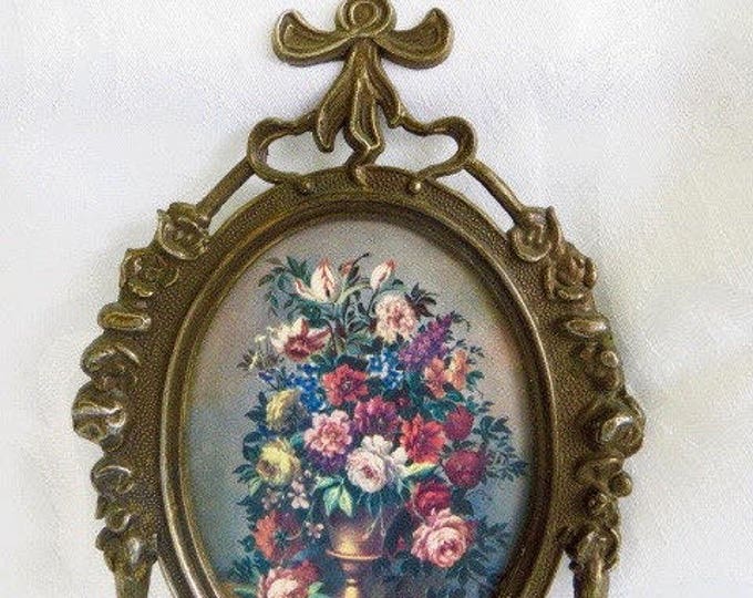 Antique Brass Picture Frame, French Style Wall Hanging, Ribbon & Rose Details, Floral Scene, Classic and Elegant