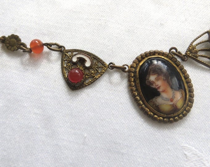 Antique Cameo Necklace, Czech Cameo Portrait Necklace, Carnelian Cabochons, Antique Cameos, Cameo Jewelry