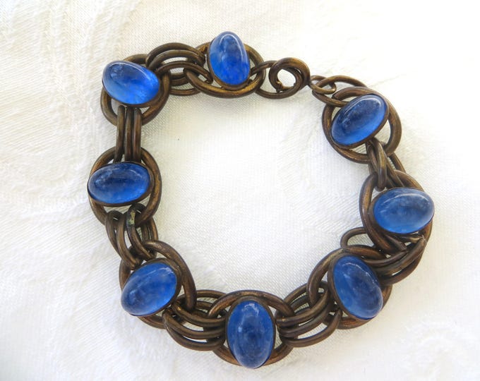 Czech Glass Bracelet, Vintage Cobalt Blue Cabochons, Vintage Link Bracelet, Czech Jewelry